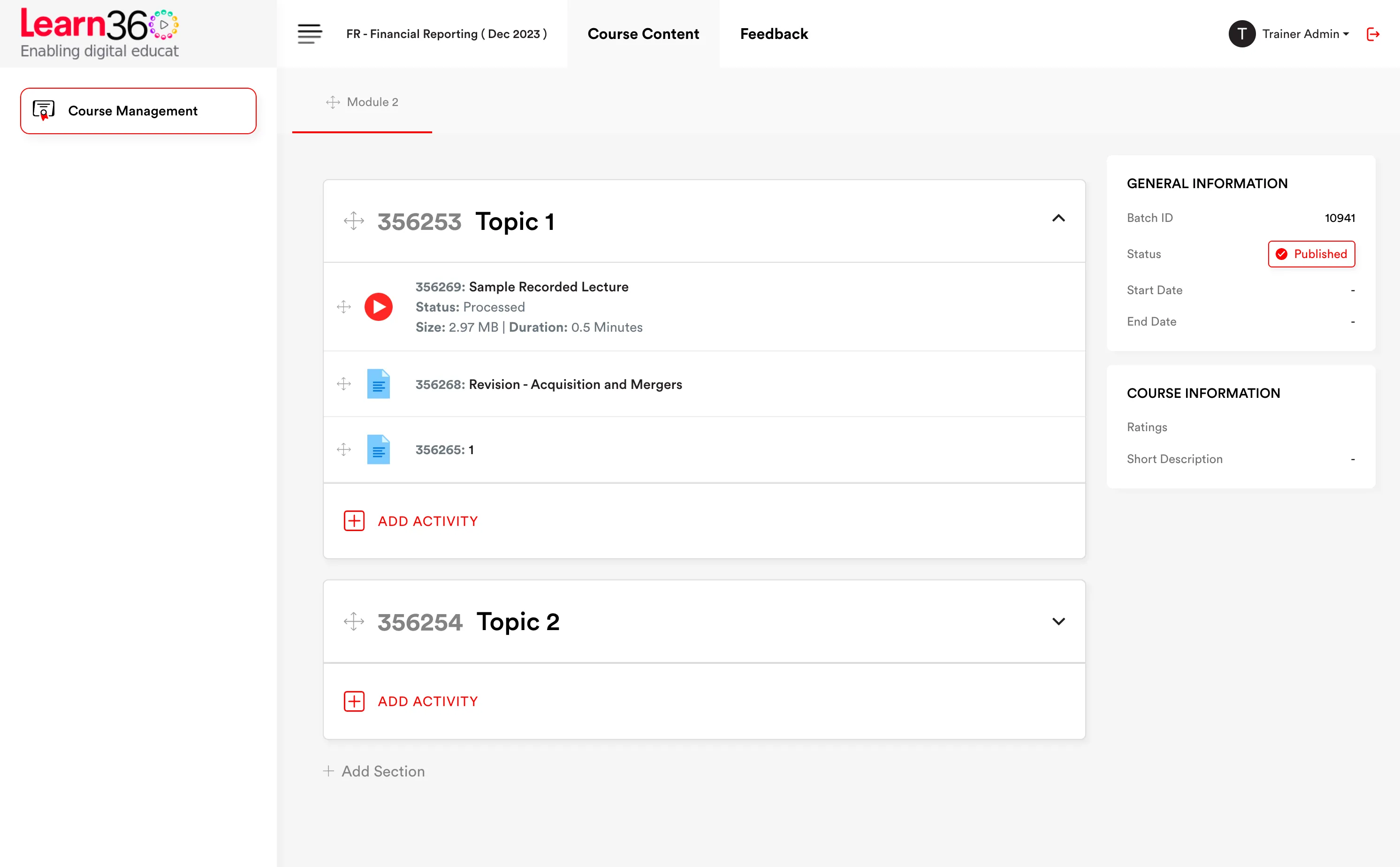 Course batch dates on the Learn360 mobile app