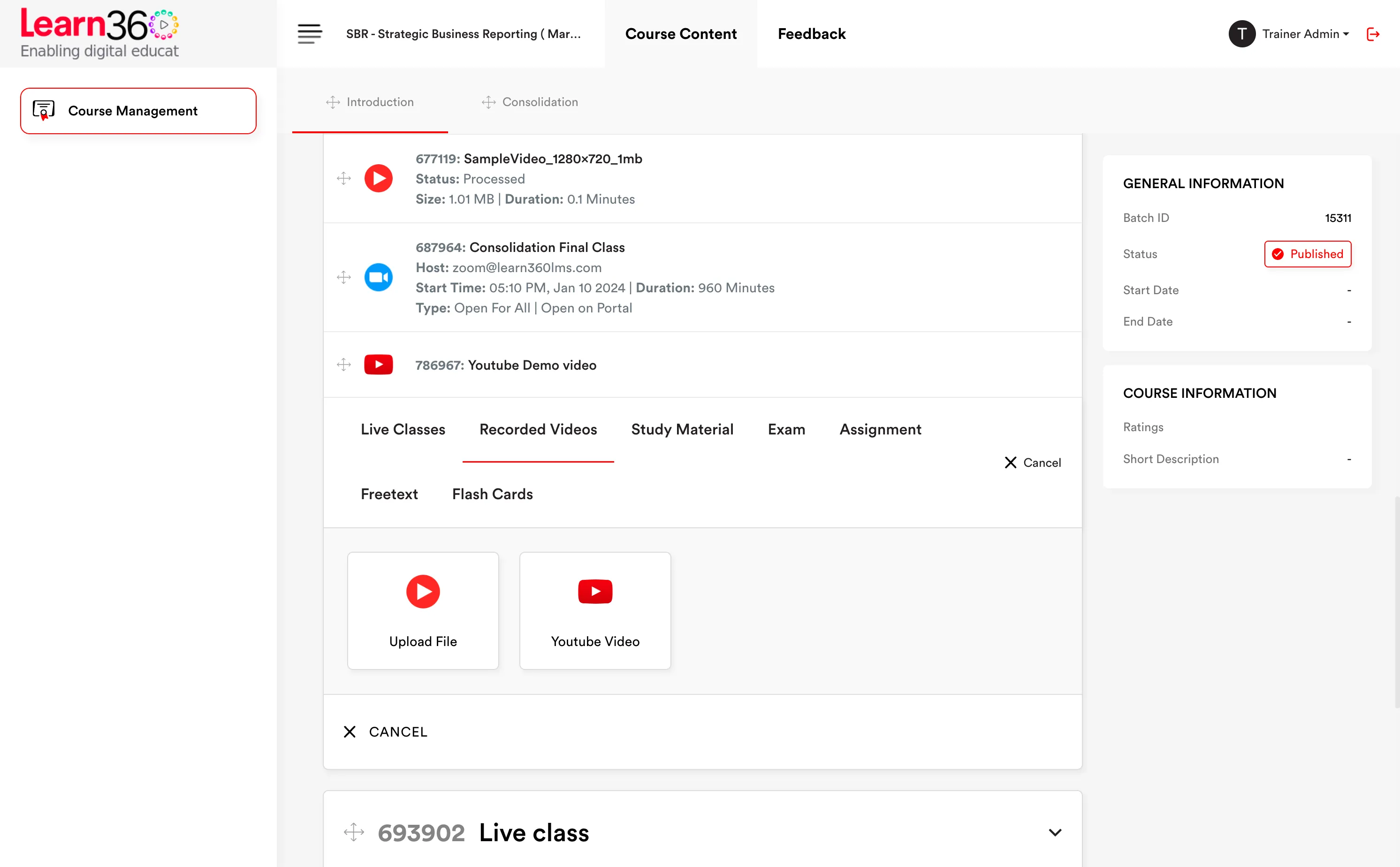 A pre-recorded class being uploaded to Learn360