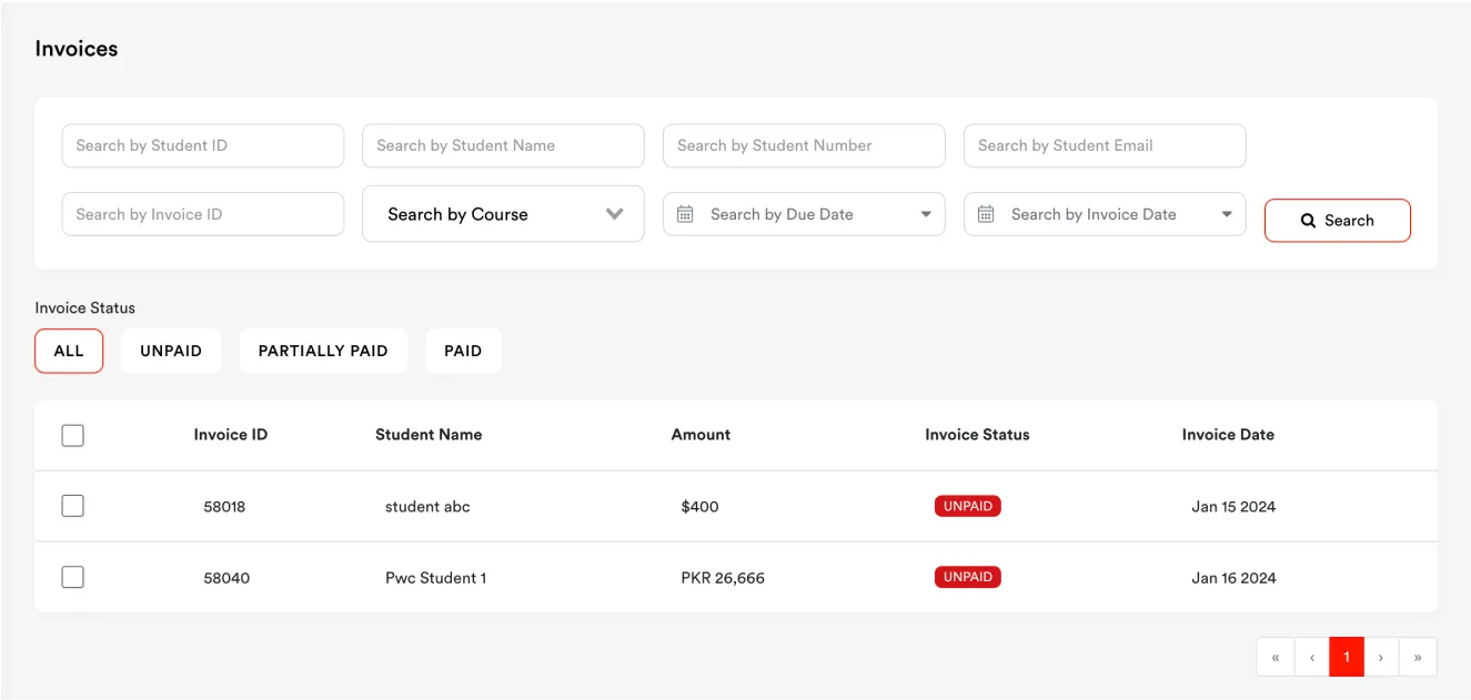 Learn360 revenue and invoicing dashboard