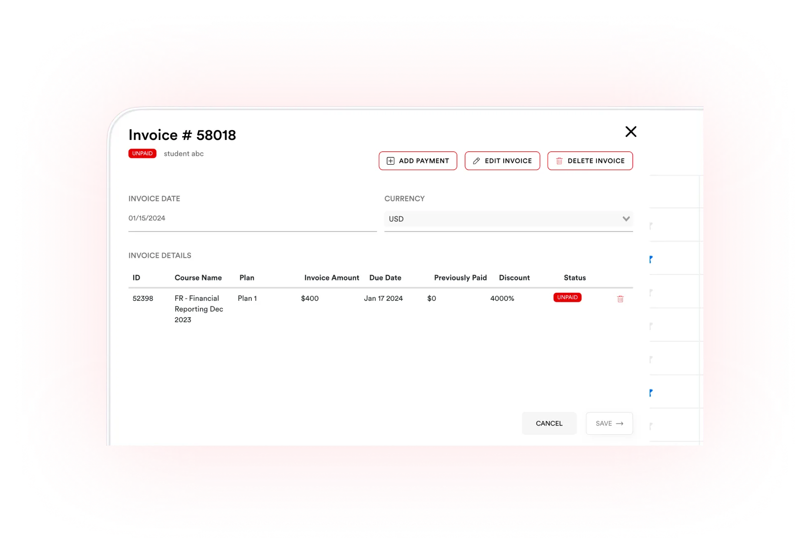 A branded invoice generated by Learn360