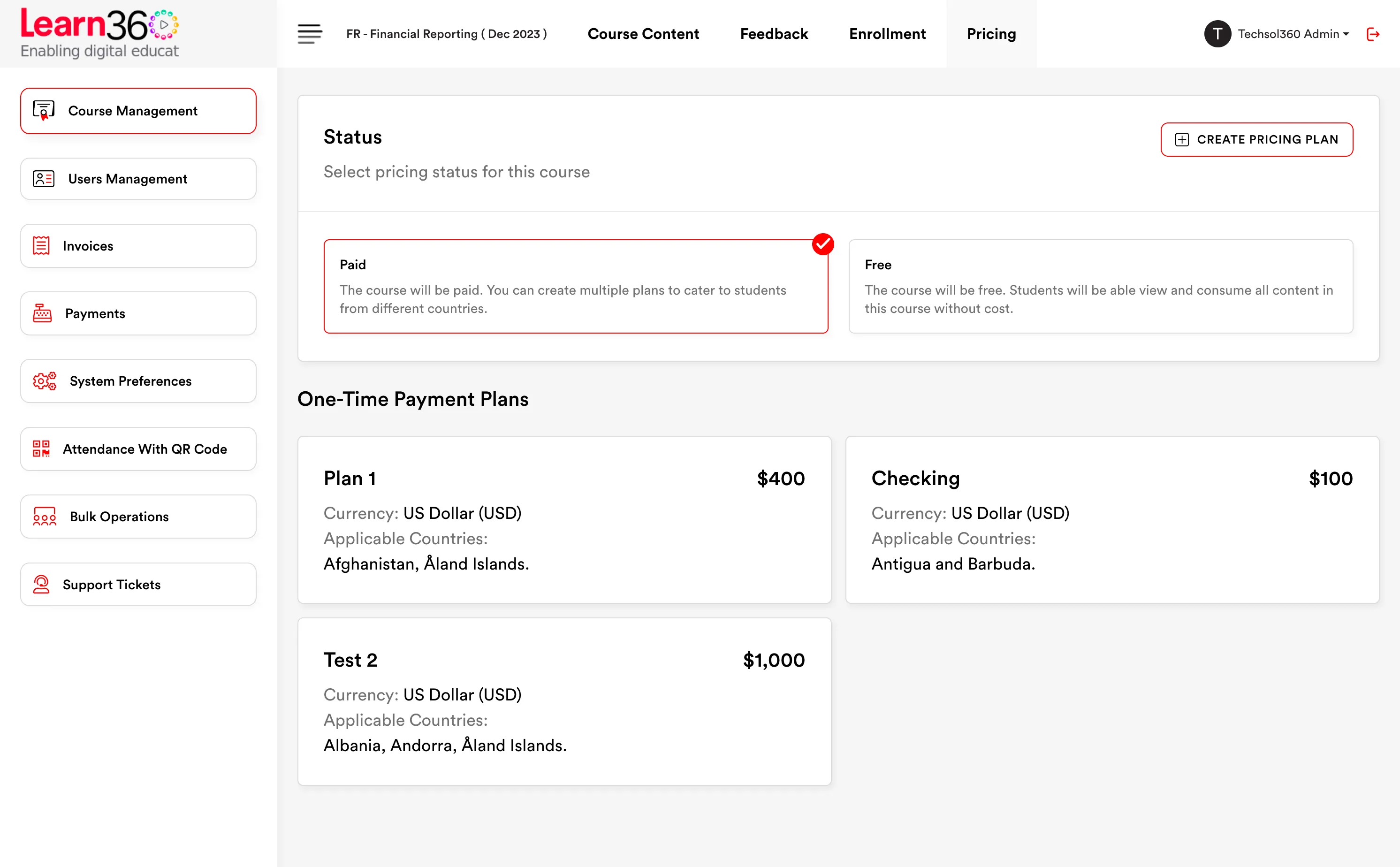 Course pricing options configured in Learn360