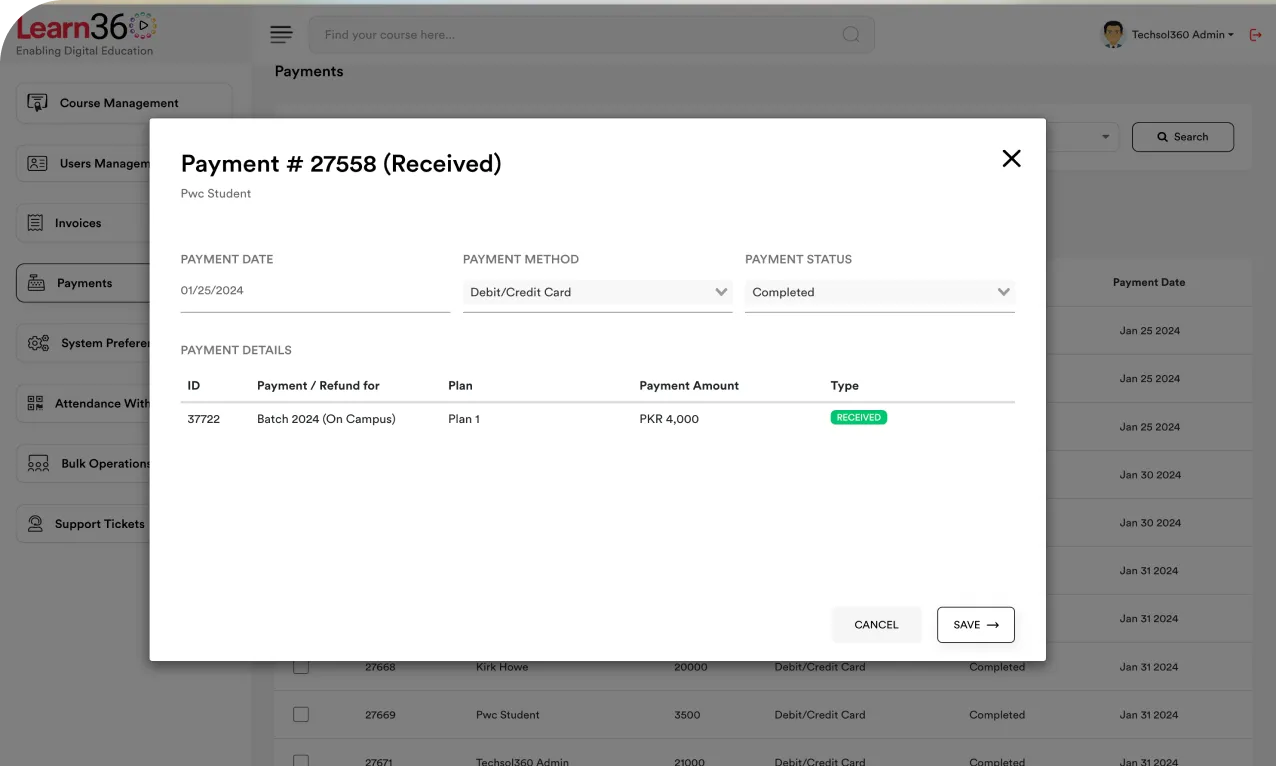 Invoice and payment reconciliation report in Learn360