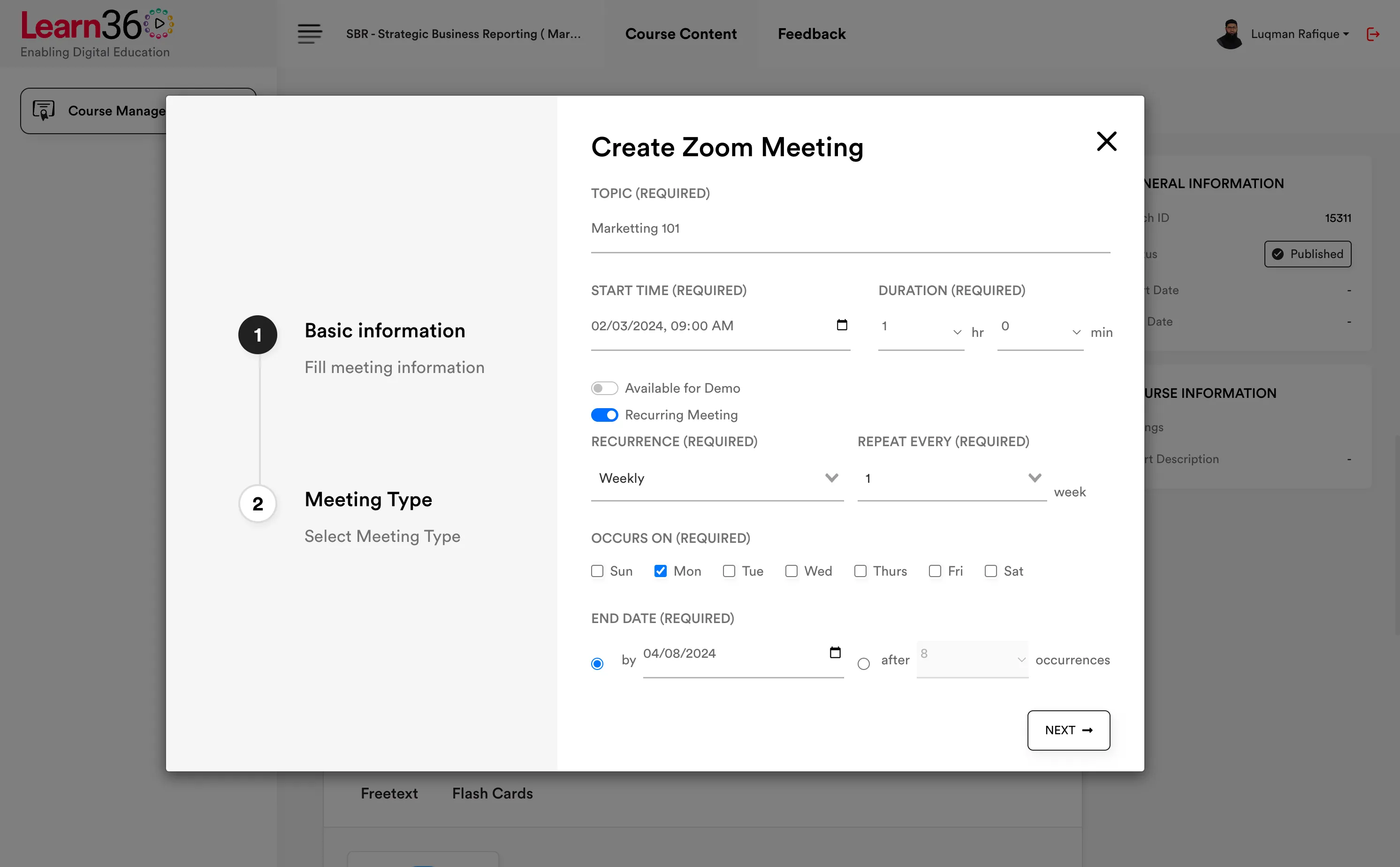 A scheduled live class running in Learn360