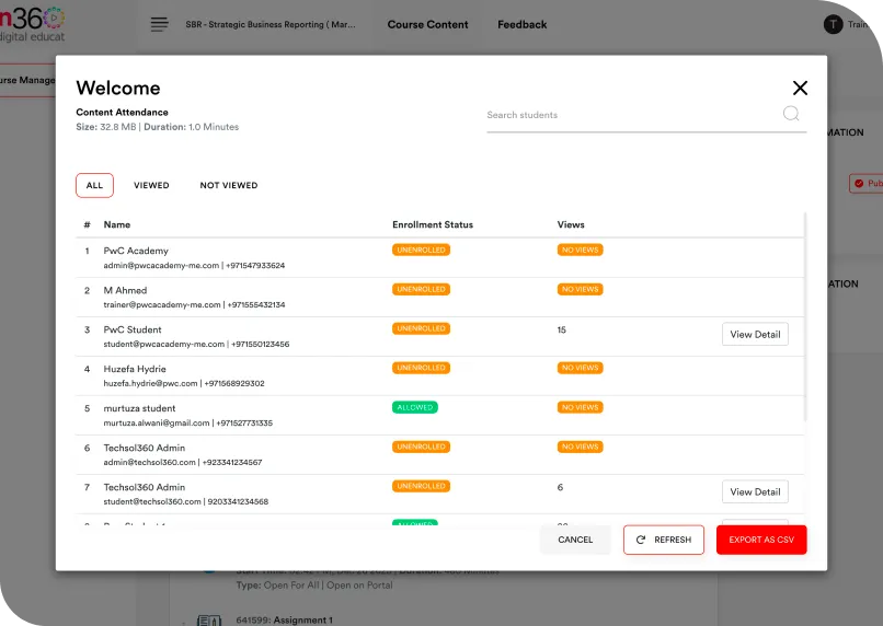 A class roster of enrolled students in Learn360